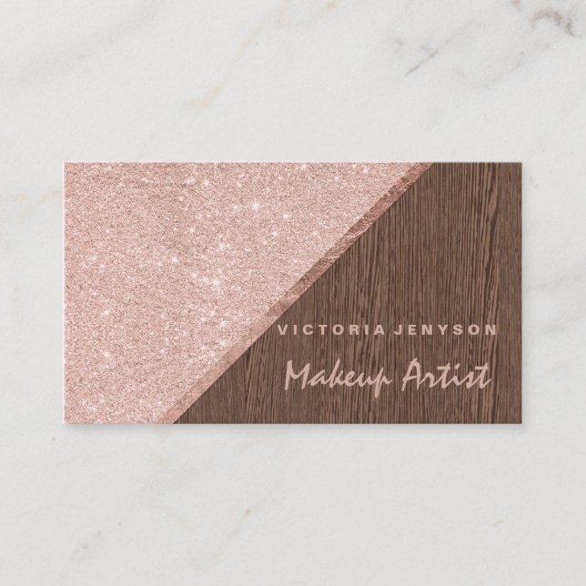 Modern faux pink glitter brown wood block Makeup Business Card (Front)