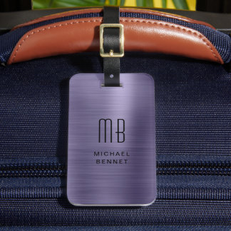 Modern Faux Purple Metallic Monogram Luggage Tag