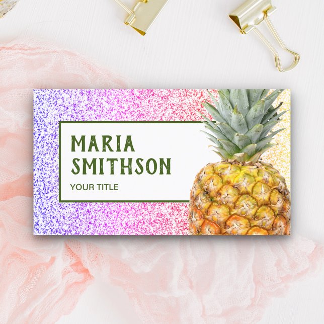 Modern Faux Rainbow Glitter Tropical Pineapple Business Card (Creator Uploaded)