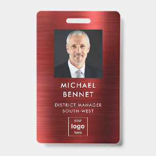 Modern Faux Red Metallic Corporate Photo ID Badge