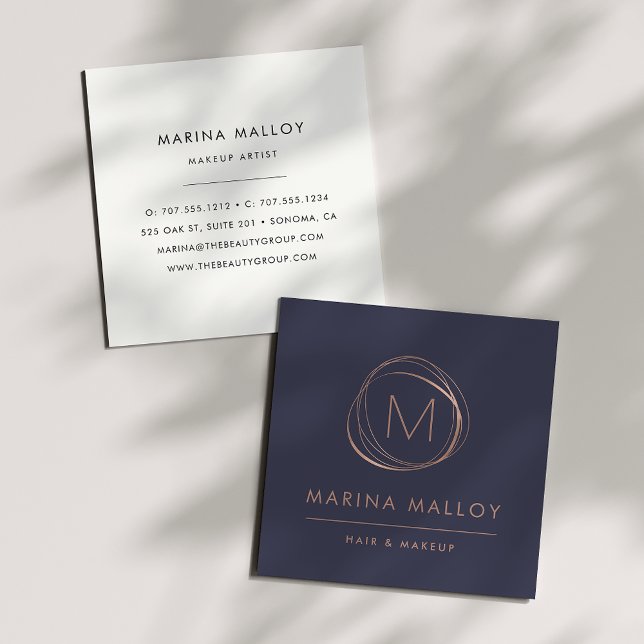 Modern Faux Rose Gold Abstract Monogram Square Business Card (Creator Uploaded)