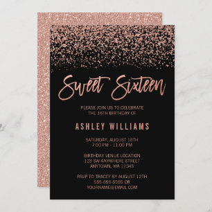 Modern Faux Rose Gold Black Glitter Sweet 16 Invitation