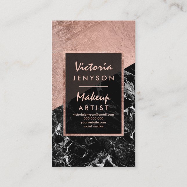 Modern faux rose gold black marble Makeup artist Business Card (Front)