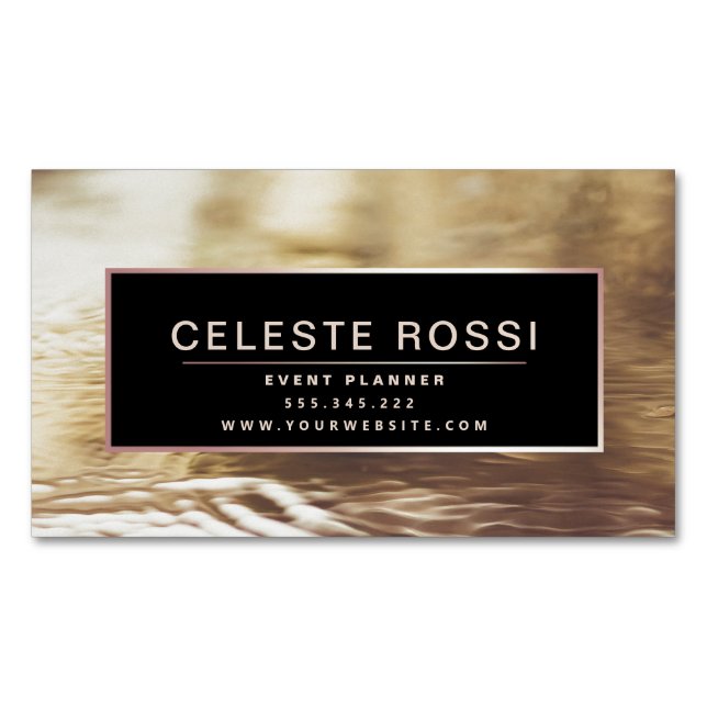 Modern faux rose gold foil black deluxe magnetic business card (Front)