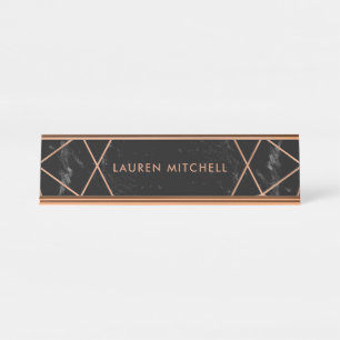 Modern Faux Rose Gold Geometric on Black Marble Desk Name Plate