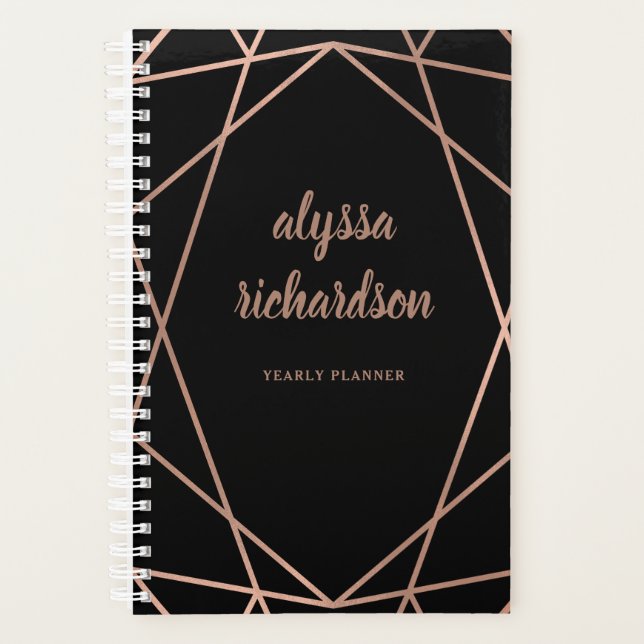 Modern Faux Rose Gold Geometric on Black Planner (Front)