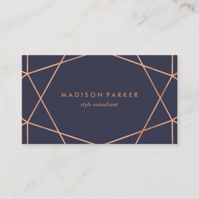 Modern Faux Rose Gold Geometric on Midnight Blue Business Card (Front)