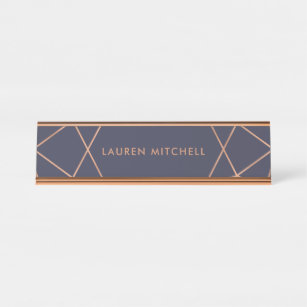 Modern Faux Rose Gold Geometric on Midnight Blue Desk Name Plate