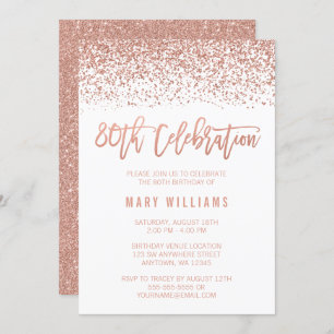 Modern Faux Rose Gold Glitter 80th Birthday Invitation