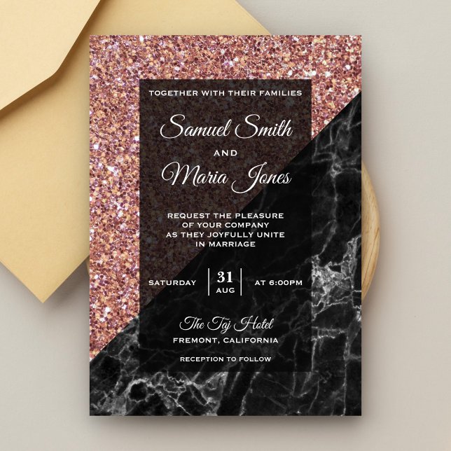 Modern Faux Rose Gold Glitter Black Marble Wedding Invitation (Creator Uploaded)