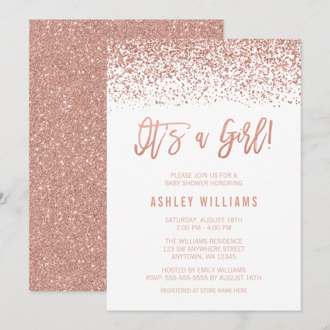 Modern Faux Rose Gold Glitter Girl Baby Shower Invitation (Front/Back)