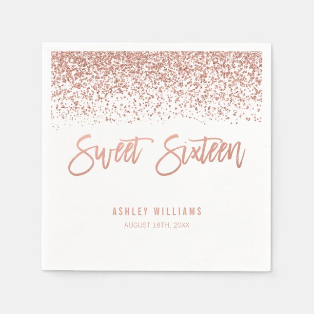 Modern Faux Rose Gold Glitter Sweet 16 Birthday Napkin (Front)