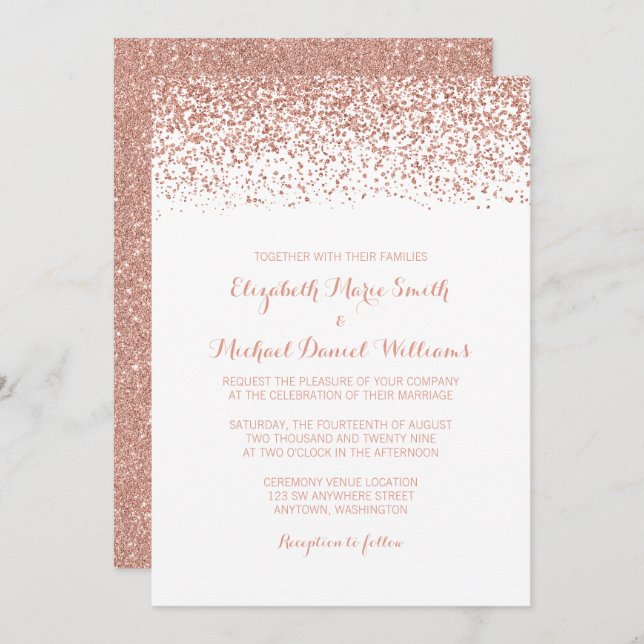 Modern Faux Rose Gold Glitter Wedding Invitations (Front/Back)