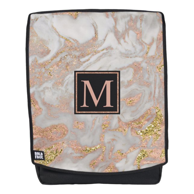 Modern Faux Rose Gold Marble Swirl Monogram Backpack (Front)