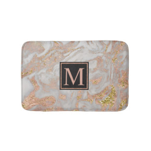 Modern Faux Rose Gold Marble Swirl Monogram Bath Mat
