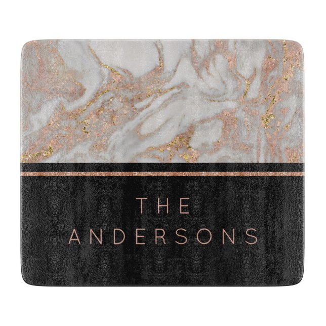 Modern Faux Rose Gold Marble Swirl Monogram Cutting Board (Front)