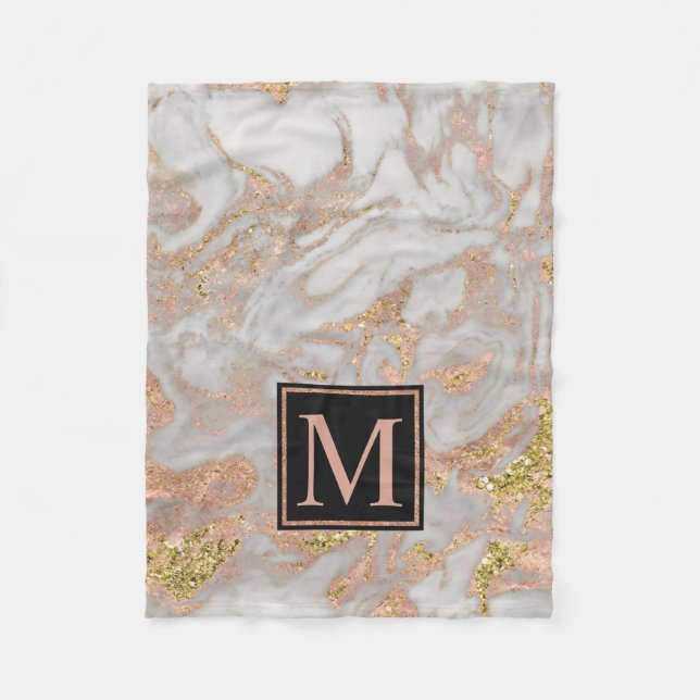 Modern Faux Rose Gold Marble Swirl Monogram Fleece Blanket (Front)