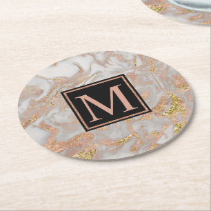Modern Faux Rose Gold Marble Swirl Monogram Round Paper Coaster