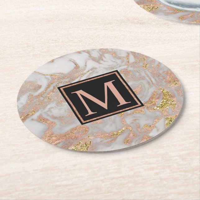 Modern Faux Rose Gold Marble Swirl Monogram Round Paper Coaster (Angled)