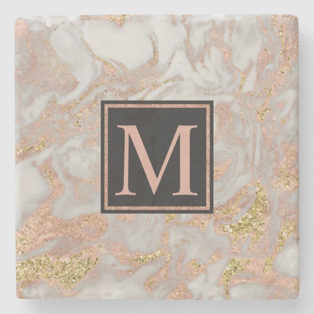 Modern Faux Rose Gold Marble Swirl Monogram Stone Coaster (Front)