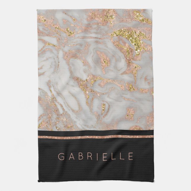 Modern Faux Rose Gold Marble Swirl Monogram Tea Towel (Vertical)