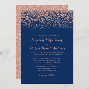 Modern Faux Rose Gold Navy Blue Glitter Wedding Invitation