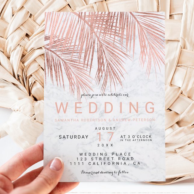 Modern faux rose gold palm tree marble wedding invitation (Creator Uploaded)