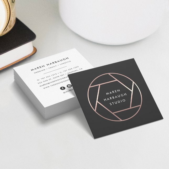 Modern Faux Rose Gold Photographer Logo Square Business Card (Creator Uploaded)