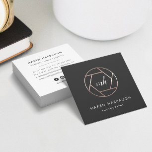 Modern Faux Rose Gold Photographer Monogram Logo Square Business Card