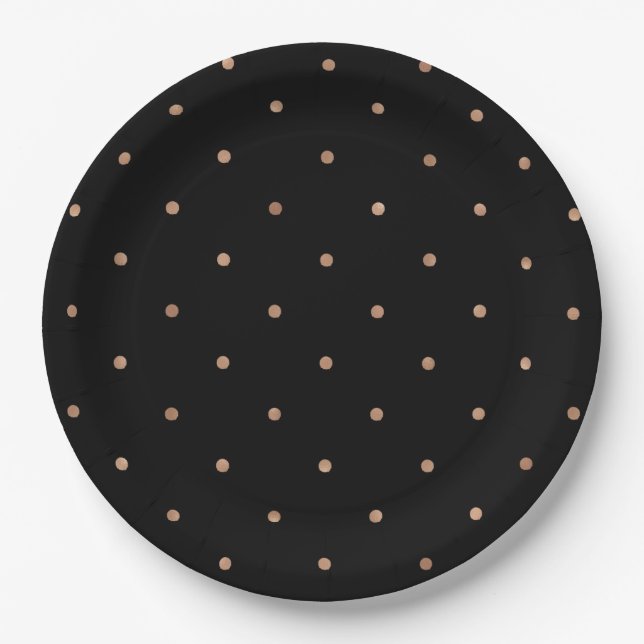 Modern Faux Rose Gold Polka Dots on Black Paper Plate (Front)