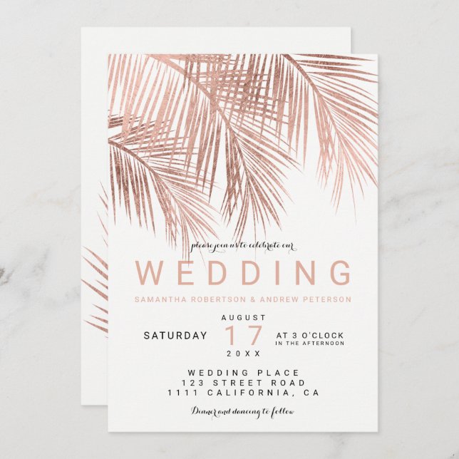 Modern faux rose gold tropical palm tree wedding invitation (Front/Back)