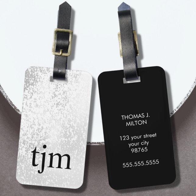 Modern Faux Silver Black Bold Monogram Luggage Tag (Creator Uploaded)