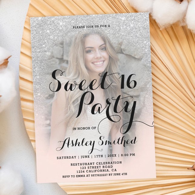 Modern faux silver glitter blush photo Sweet 16 Invitation (Creator Uploaded)