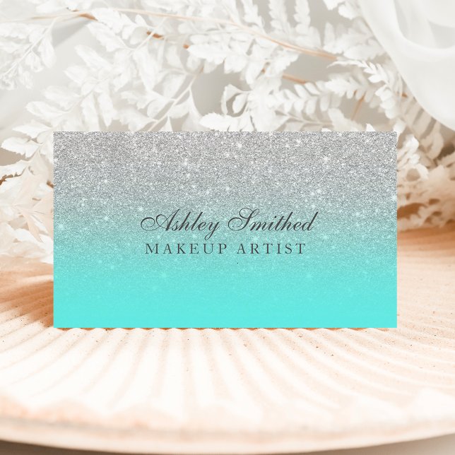 Modern faux silver glitter teal ocean makeup business card (Creator Uploaded)