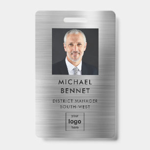 Modern Faux Silver Metallic Corporate Photo ID Badge