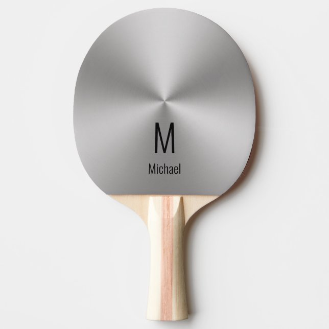 Modern Faux Silver Name & Monogram Ping Pong Paddle (Front)