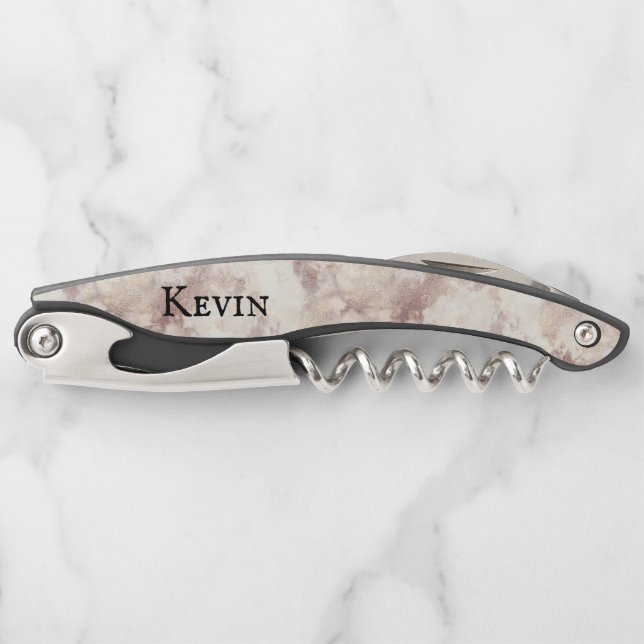 Modern Faux White and Rose Marbled Personalised   Corkscrew (Front)