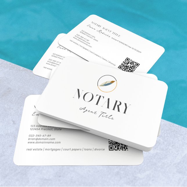 Modern Feather Pen Logo Notary Writer QR Code Business Card (Creator Uploaded)