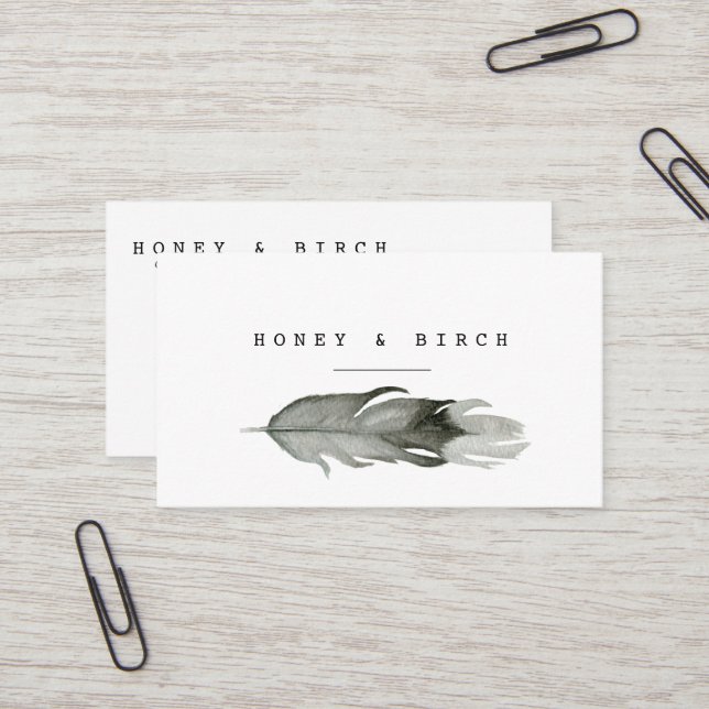Modern Feather Watercolor Business Card (Front/Back In Situ)