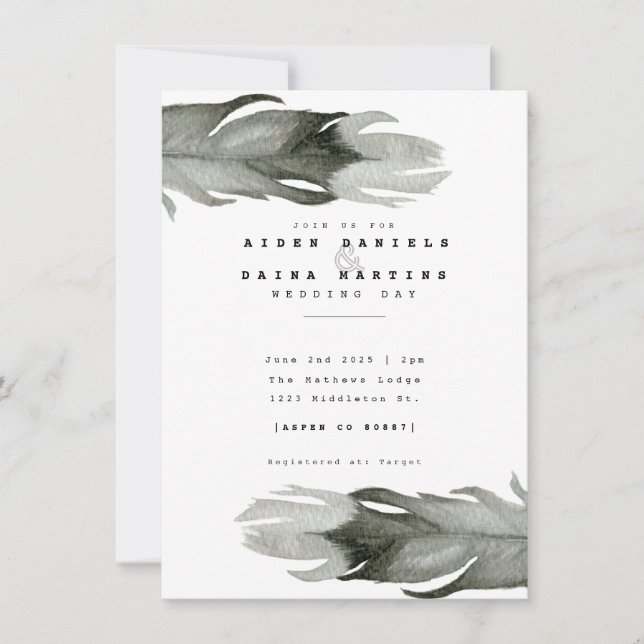 Modern Feather Watercolor Wedding Invite (Front)