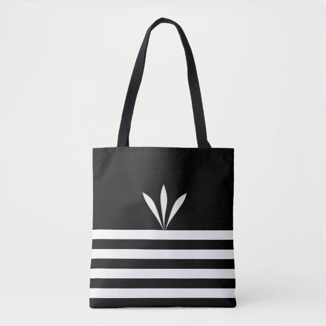 Modern Feathers on Black & White Striped Tote Bag (Front)