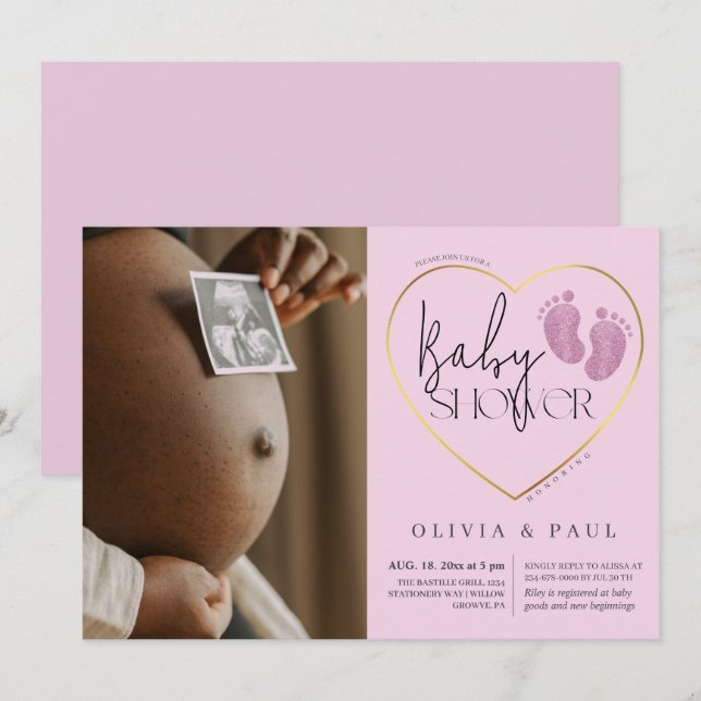 Modern Feet Pink Glitter Baby Girl Shower  Invitation (Front/Back)