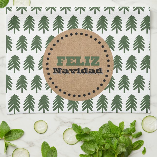 Modern FELIZ NAVIDAD Christmas Tree Tea Towel (Folded)