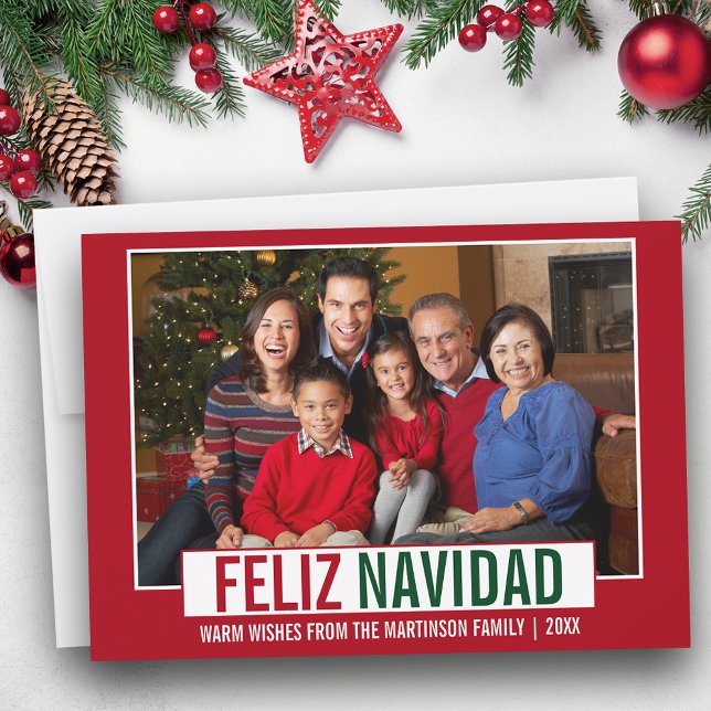 Modern Feliz Navidad Family Photo Red Holiday Card (Customize to add text to back of card.)