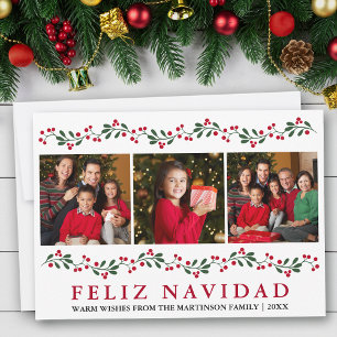 Modern Feliz Navidad Greenery Berries 3 Photo Holiday Card
