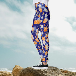 Modern Feminine Blue And Orange Floral Watercolor Leggings