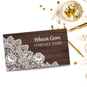 Modern Feminine Girly Rustic White Lace Woodgrain Business Card