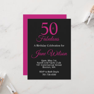 Modern Feminine Pink Black Fabulous 50 Birthday Invitation