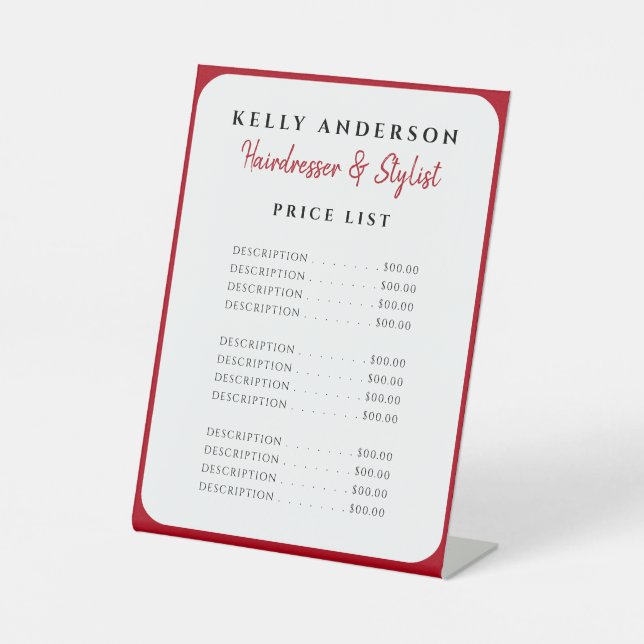 Modern Feminine Red Border Hairdresser Price List Pedestal Sign (Front)