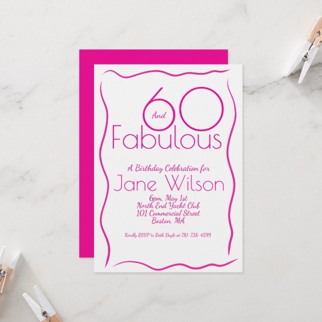 Modern Feminine Script Pink White 60th Birthday Invitation (Front/Back In Situ)
